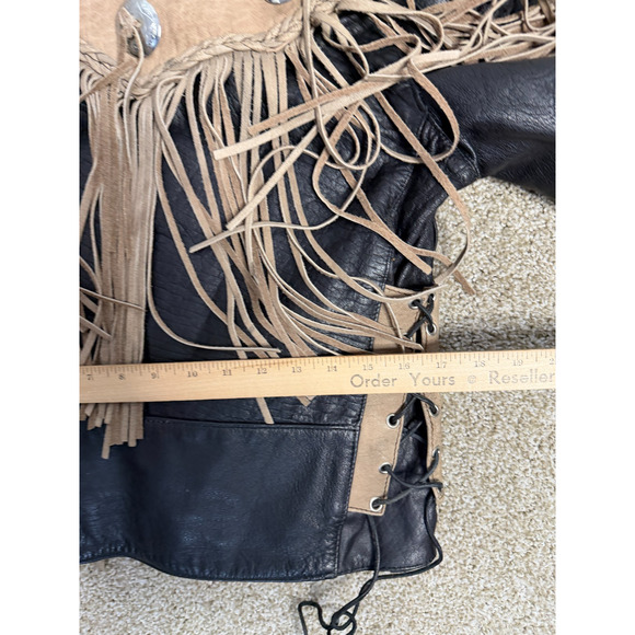 VTG UNIK Jacket Womens Medium Black Tan Leather Fringe Western Motorcycle Chaps - Picture 15 of 16